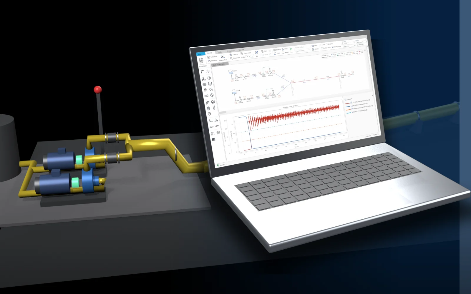 Flowmax in the Transient mode on a laptop beside a 3D pump station