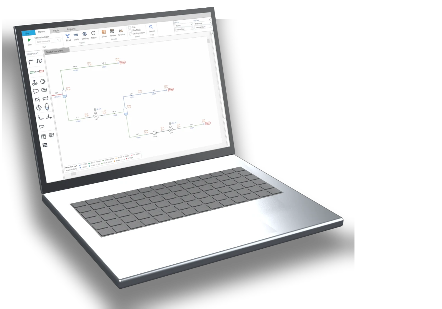 A wells-to-CPF network in Flowmax on a monitor, its heat and material balance on a laptop