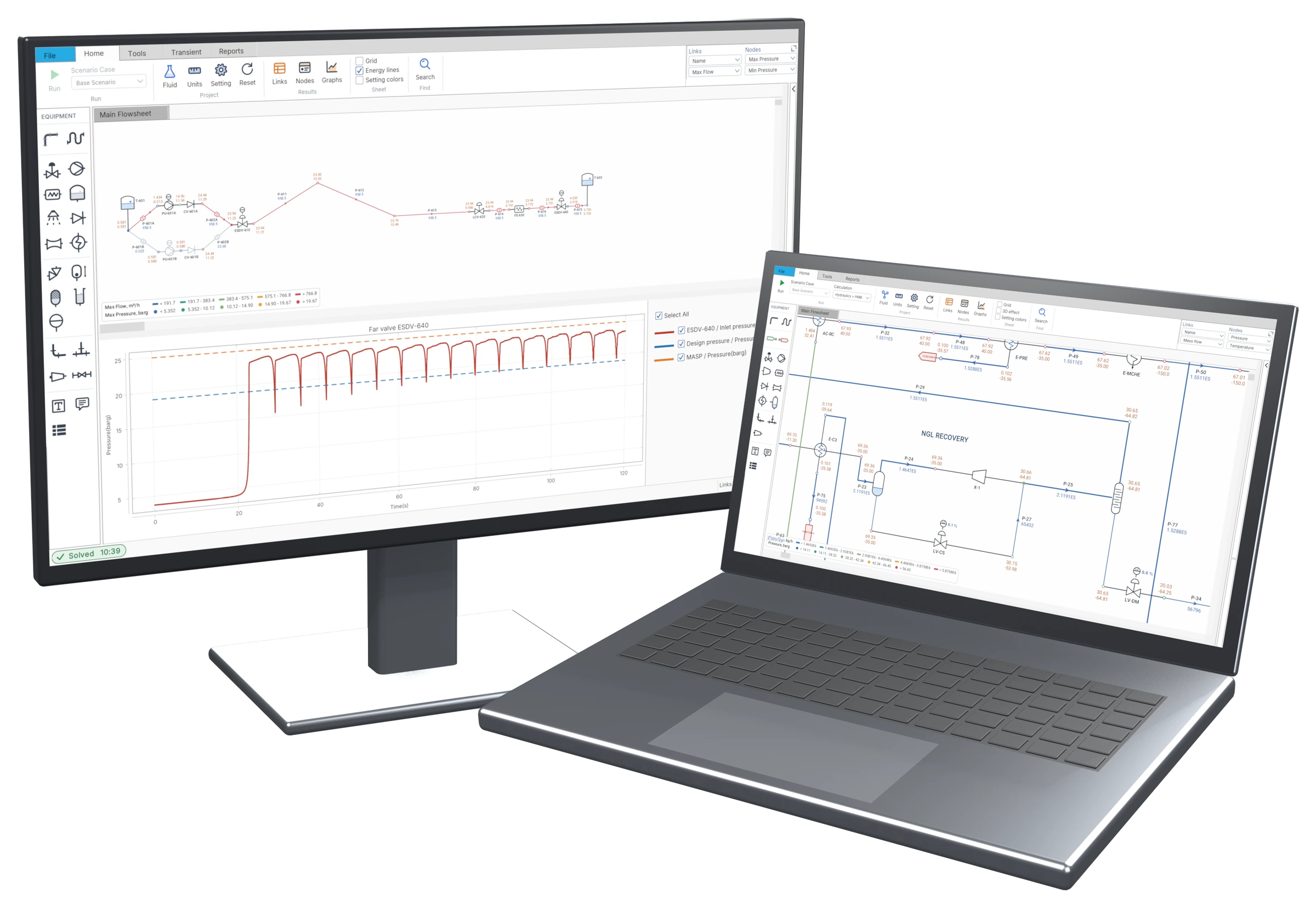 Flowmax on a monitor and a laptop: a condensate rundown line in the Transient mode with the pressure before ESDV-640, and the NGL recovery of an LNG plant zoomed in, in the Gas & Multiphase mode